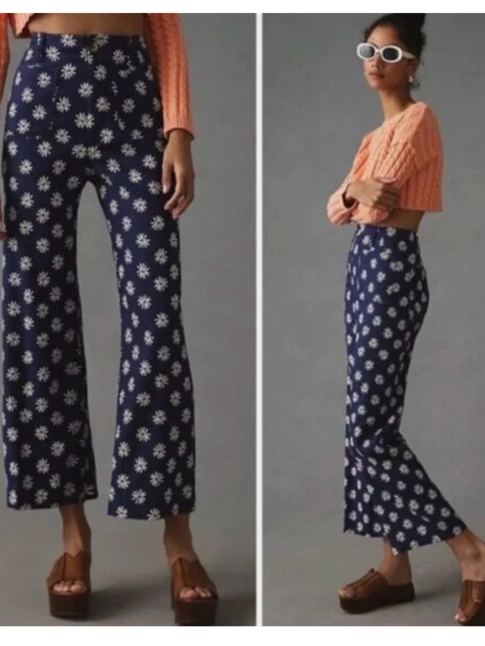 Anthropologie Maeve Colette Cropped High Waisted Pants, Linen Navy Daisies 28R